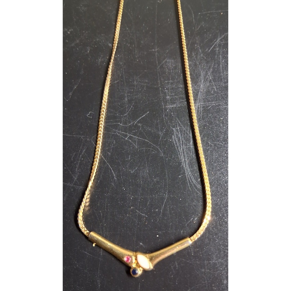 Vntg. Gold Tone Chevron Necklace Opal Ruby Sapphire Accents Wheat Chain 18 Inch